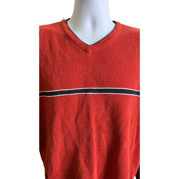 🧶 American Eagle M Rust V-Neck Sweater Stripe Chest Cozy 90s Y2K Preppy Knit - Picture 2 of 4